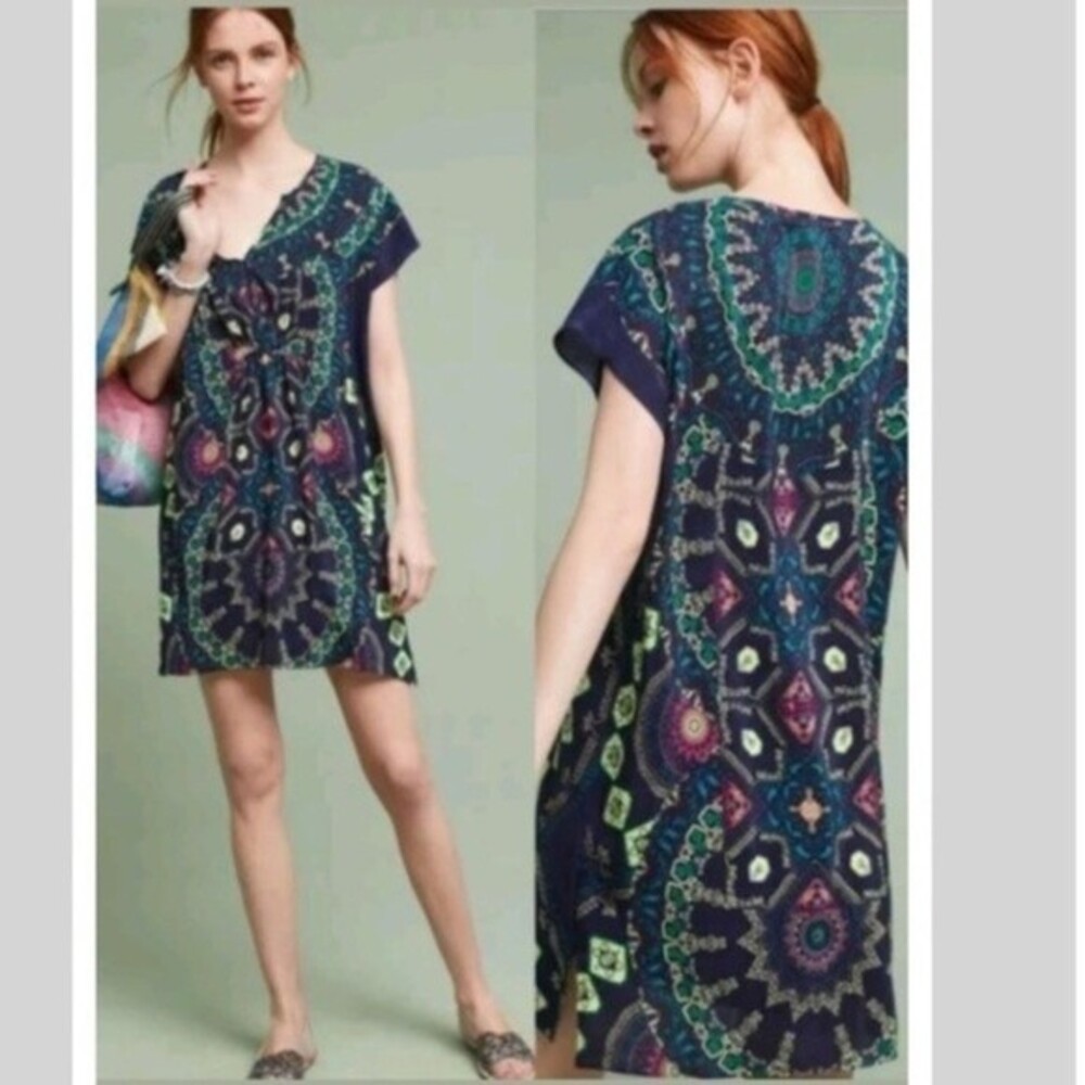 Anthropologie Maeve Mandala Medallion Silk Tunic Dress in Navy and Marin S NWOT